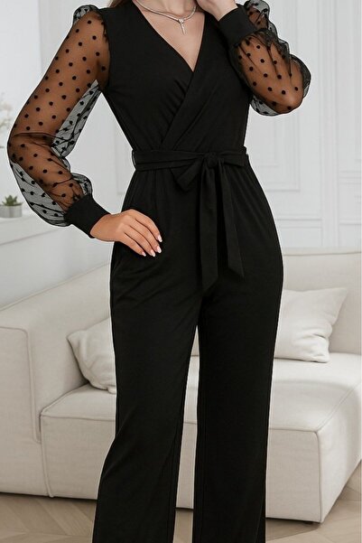 JARDİN ALLURE Eyesof Women's Long Sleeve Sleeves with Tulle Detail Double-Breasted Collar Imported Crepe Jumpsuit with Belted Waist