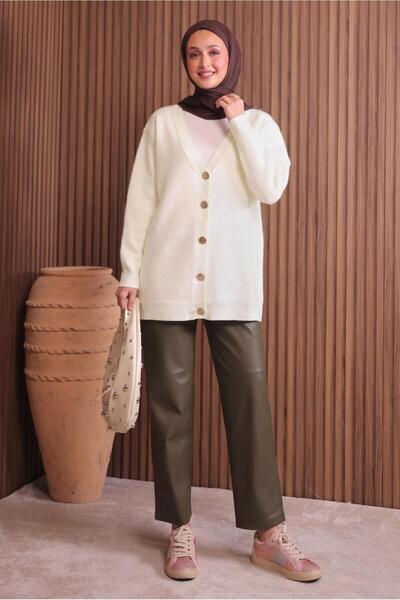 TRENDTESETTÜR Women's Ecru Beard Yarn Cardigan t 2907