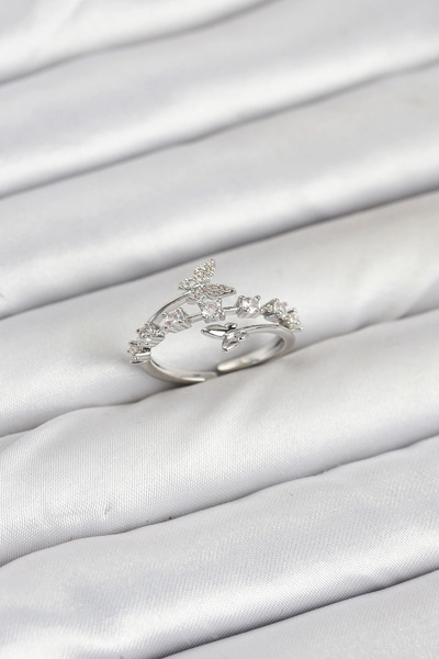 HarmonyAura Brass Silver Color Zircon Stone Butterfly Model Women's Ring