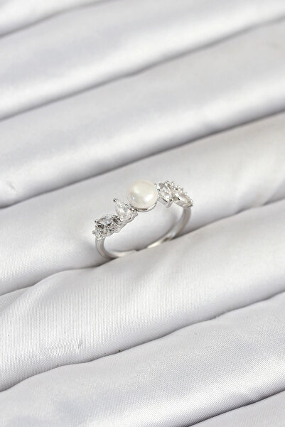 HarmonyAura Brass Silver Color Zircon Stone Pearl Model Women's Ring