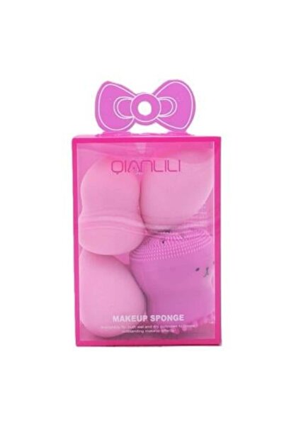 Salon System مجموعة اسفنجات مكياج مع فرشاة تنظيف سيليكون - وردي