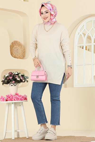 ModaMerve Manşeti Aksesuar Düğmeli Tunik 2425UZ662-MS Taş