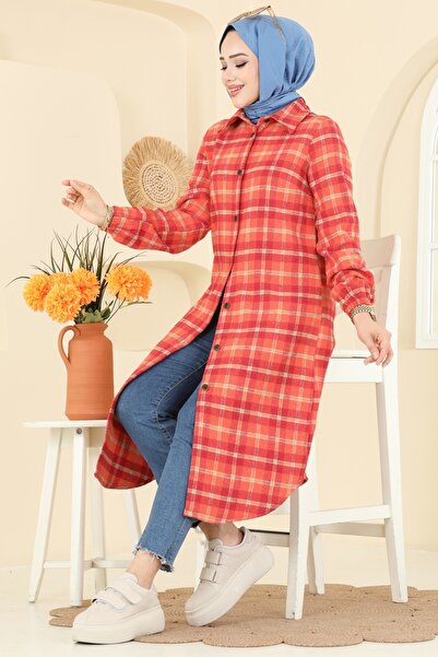 ModaMerve Kare Desenli Ekose Tunik 3068KTR750-MS Oranj