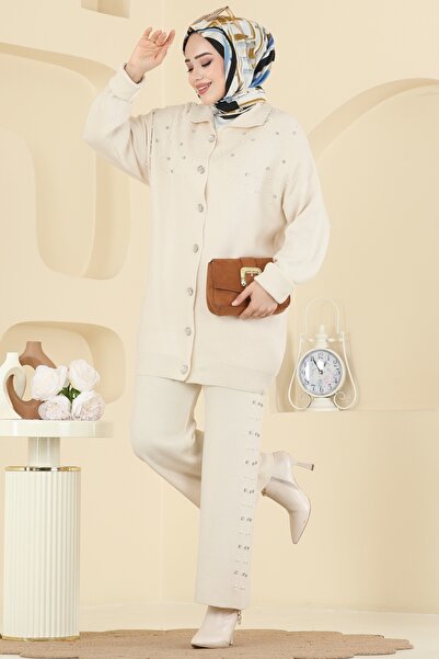 ModaMerve İnci Taş Detaylı Triko Takım 1335MT581-MS Taş