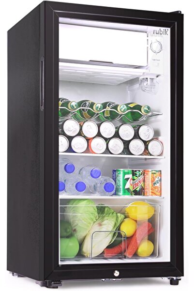 RUBIK ثلاجة مشروبات مدمجة سعة 95 لترًا بباب زجاجي مع مجمد شبه منفصل وضاغط تبر...