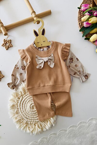 Minigimin Cicileri My Little Girl's 3-Piece Girl's Set with Bow Detail and Floral Pattern Blouse - Brown
