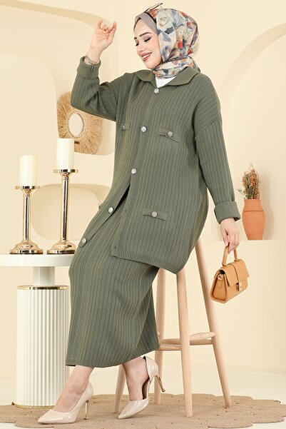 ModaMerve Düğme Detaylı Etekli Takım 2756AYD574-MS Açık Haki