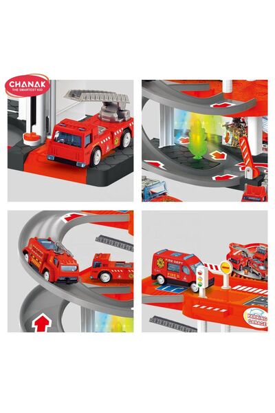 Chanak Fire Rescue Parking Garage Playset for Kids 1 Layer Sliding Track with Lights & Sound Includes