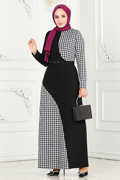 ModaMerve Kazayağı Desenli Tivit Elbise 3023KTR750-MS Ekru