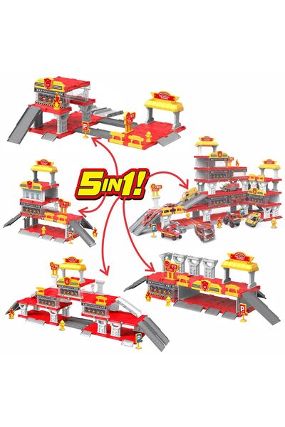 Chanak Fire Department 5 In 1 Parking Building Playset Diy Rescue Station With Sliding Ramps