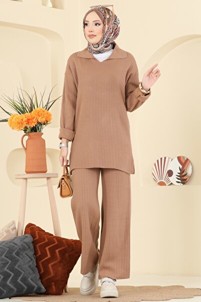 ModaMerve Gömlek Yaka Triko Takım 8080KLB1050-MS Latte