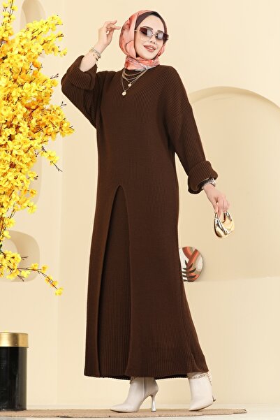ModaMerve Önden Yırtmaçlı Etekli Takım 7081HBS856-MS Kahve