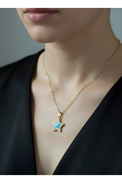 TURBİJ Light Blue Four Leaf Detailed Gold Color Elegant Women's Y Necklace