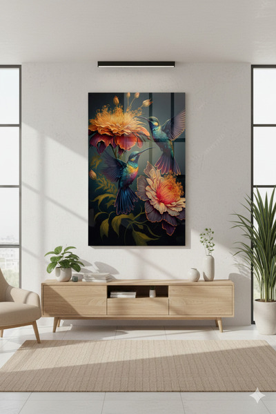 BLT DİZAYN Colored Bird and Flower Detailed Glass Painting – Premium Luxury Design