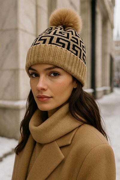REMSA Women's Pompom Detail Fleece Patterned Beanie Rkş-1144 Camel