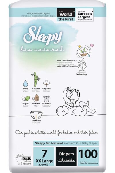 Sleepy Bio Natural Premium Size 7 Diapers, 100 Count (20-30kg)