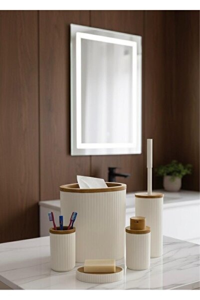 ELDA Home Banyo Seti 5 Parça Beyaz çizgili Bambu Desenli