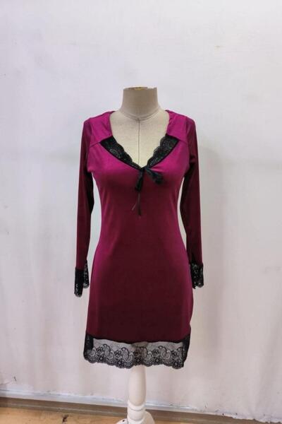 Mossta V-Neck Lace Detailed Mini Velvet Dress - Burgundy