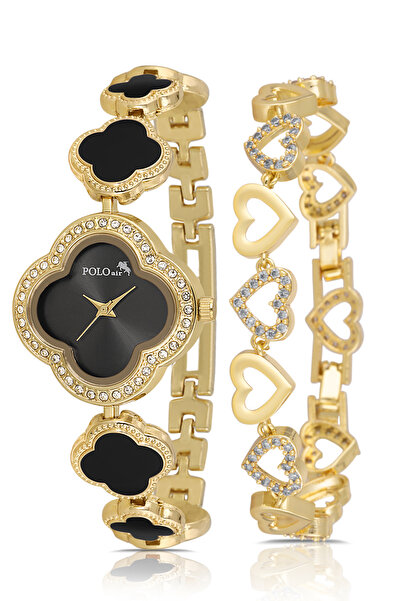Polo Air ساعة يد نسائية منقوشة على شكل وردة البرسيم مع سوار على شكل قلب، مزيج من اللونين الذهبي والأسود PL-1559B4