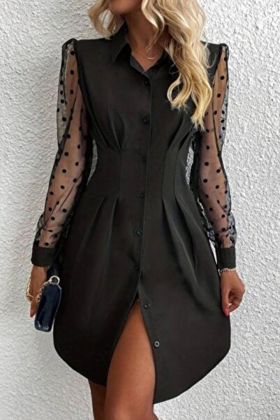 Mossta Φόρεμα από κρεπ εισαγωγής με μανίκια πουά και γιακά πουά - Μαύρο