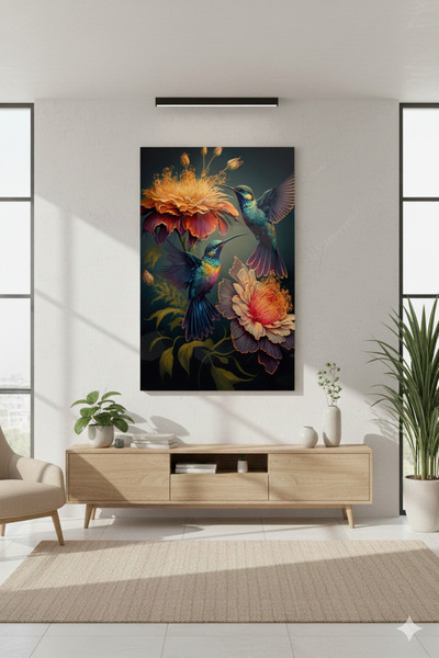 BLT DİZAYN Colored Bird and Flower Detailed Glass Painting – Premium Luxury Design