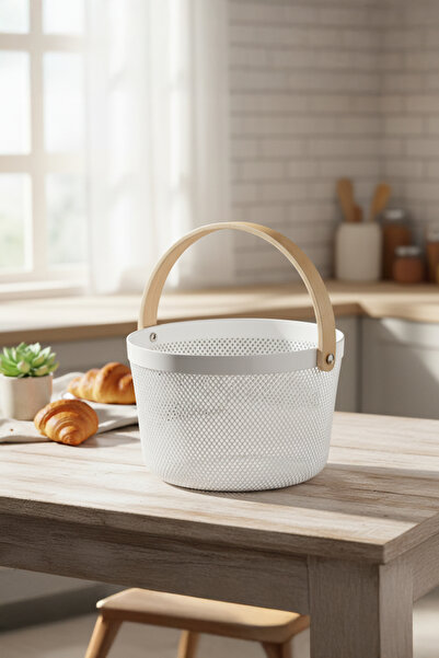 Vadi White Wooden Handle Round Metal Wire Basket Organizer Modern Decorative Presentation & Fruit Bowl