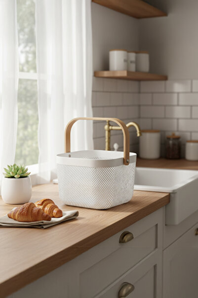 Vadi White Wooden Handle Square Metal Wire Basket Organizer Modern Decorative Presentation & Fruit Bowl