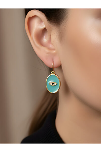 TURBİJ أقراط نسائية صغيرة ذات لون ذهبي بتصميم عين على خلفية بيضاوية فيروزية