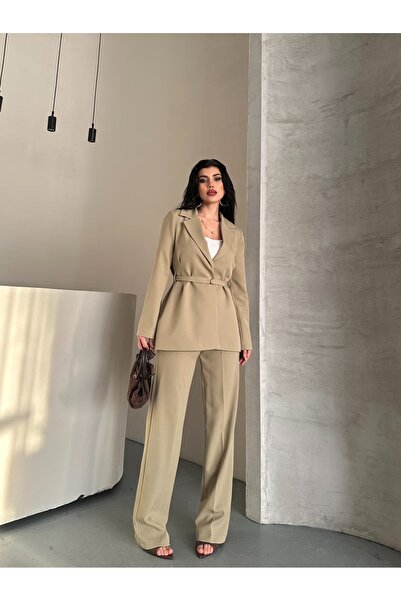 MYGİYİMİSTANBUL Blazer Jacket Wide-Leg Pants Suit and Tied at the Waist with a Thin Belt in the Color,