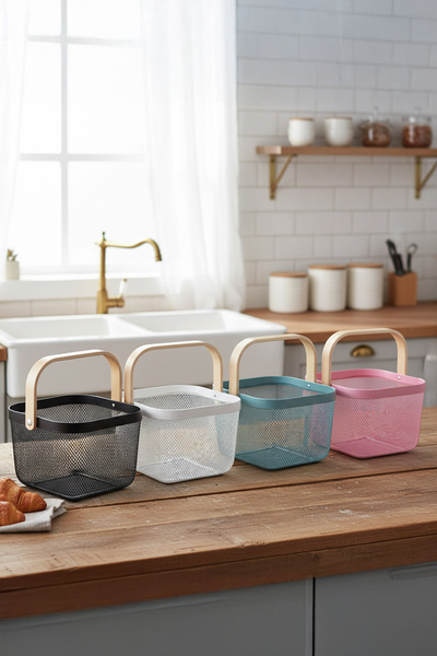 Vadi Wooden Handle Metal Mesh Square Basket Organizer Multipurpose Kitchen Bathroom Inside Cabinet Decorative Organizer