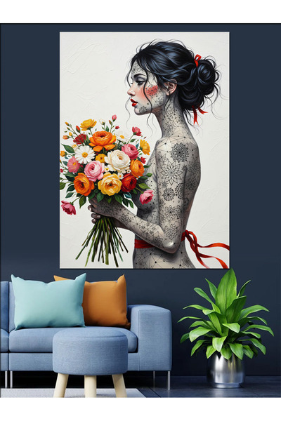 KanvasSepeti Tattoo cu flori Pictură în ulei de înaltă calitate texturat Pânz...