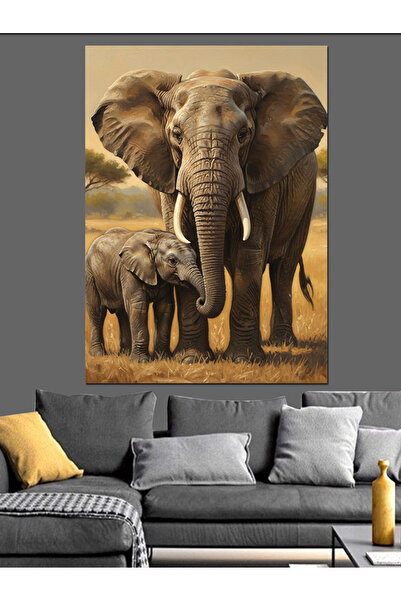 KanvasSepeti Mamă și pui de elefant Pictură în ulei de înaltă calitate textur...