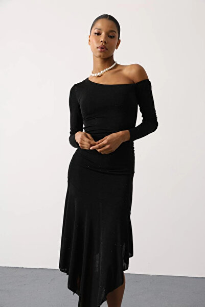 cemo Women's One-Shoulder Glitter Knit Dress with Asymmetrical Hem