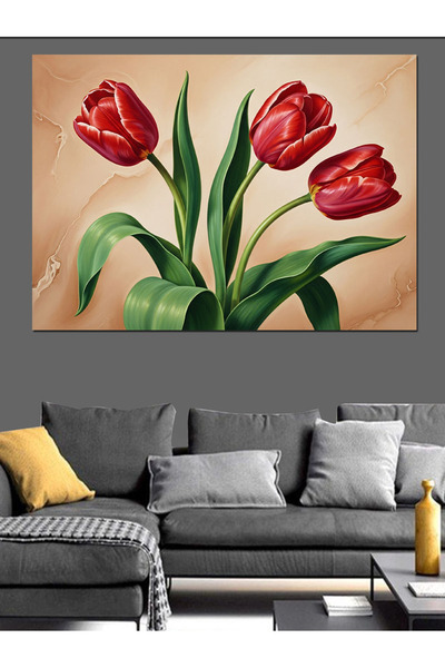 Artmeg Pânză decorativă cu buchet de flori de lalele roșii - Tablou din lemn MDF