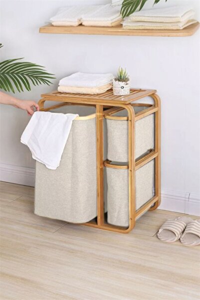 Bayev Bambu Krem 3 Bez Sepetli Raflı Organizer 700758 - Çamaşır Sepeti Oyunca...