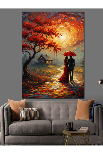 Tablo Mega Gün Batımı Kırmızı Ağaç Aşık Çift Dekoratif Kanvas - Mdf Ahşap Tablo