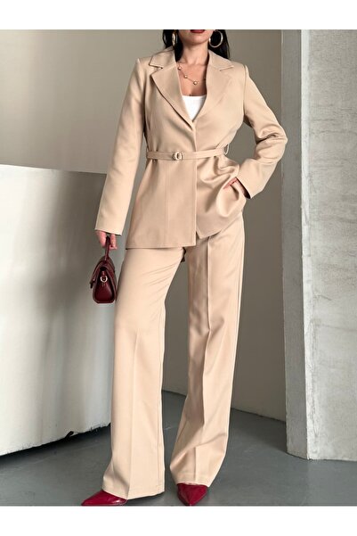 Moda İkra Blazer Jacket Wide-Leg Pants Suit and Tied at the Waist with a Thin Belt in the Color,