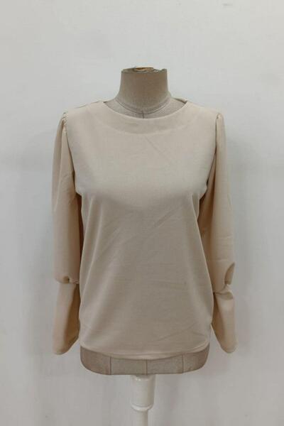 Mossta Round Neck Buttoned Imported Crepe Blouse - Beige