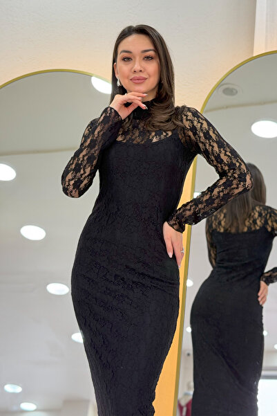 zks grup tekstil Black Lined D Mock Neck Midi Length Lace Dress