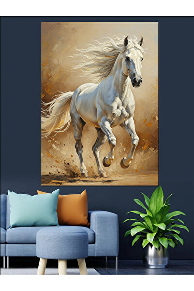 Tablo Mega Koşan Beyaz At Vahşi Dekoratif Kanvas - Mdf Ahşap Tablo