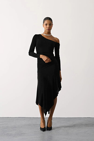 cemo Women's One-Shoulder Glitter Knit Dress with Asymmetrical Hem