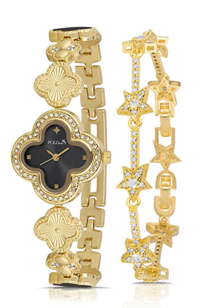Polo Air ساعة يد نسائية منقوشة على شكل نجمة من يونكا، مجموعة أساور ذهبية وسود...