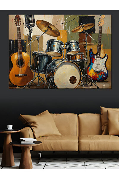 Artmeg Müzik Enstrümanları Gitar Bateri Dekoratif Kanvas - Mdf Ahşap Tablo