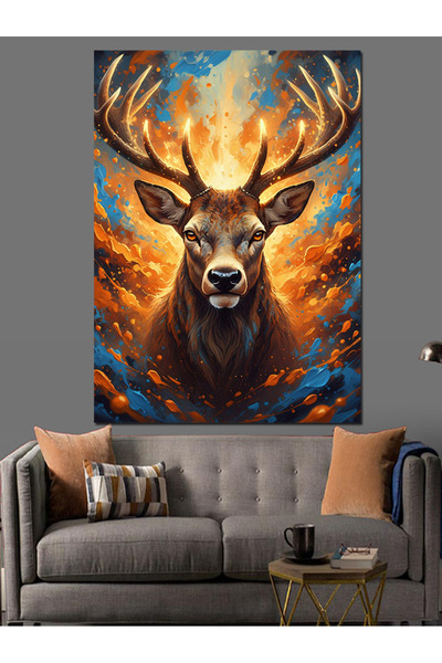 karizmart Büyük Boynuzlu Işıklı Geyik Dekoratif Kanvas - Mdf Ahşap Tablo