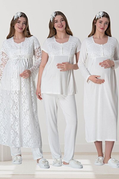 Mecit Dantel Sabahlıklı Gecelik Pijama Lohusa Set