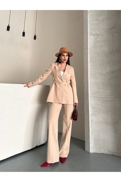 Moda İkra Blazer Jacket Wide-Leg Pants Suit and Tied at the Waist with a Thin Belt in the Color,