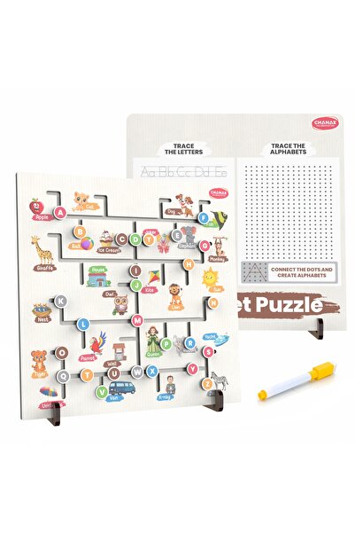 Chanak 3-in-1 Wooden Alphabet Learning Board for Kids | Tracing, Dot-to-Dot & Maze Puzzle