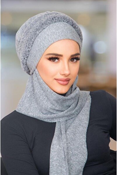 Aişe tesettür Gray Fur Detailed Scarf Bonnet