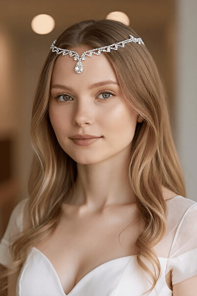 TAKIŞTIR Gümüş Renk Taş Detaylı Alınlık/Kına Aksesuarı