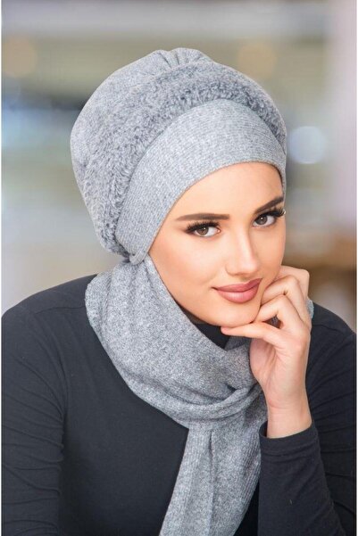 Aişe tesettür Gray Fur Detailed Scarf Bonnet
